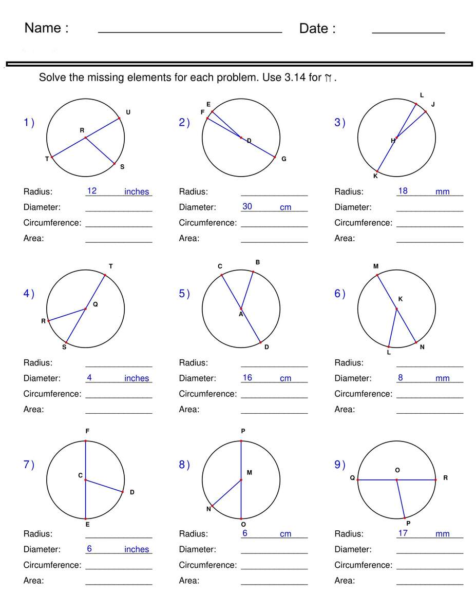 Circumference Area Radius And Diameter Circle Worksheets Made By Teachers Middle School Circles Worksheets PDF Printable Worksheets Cazoom Math