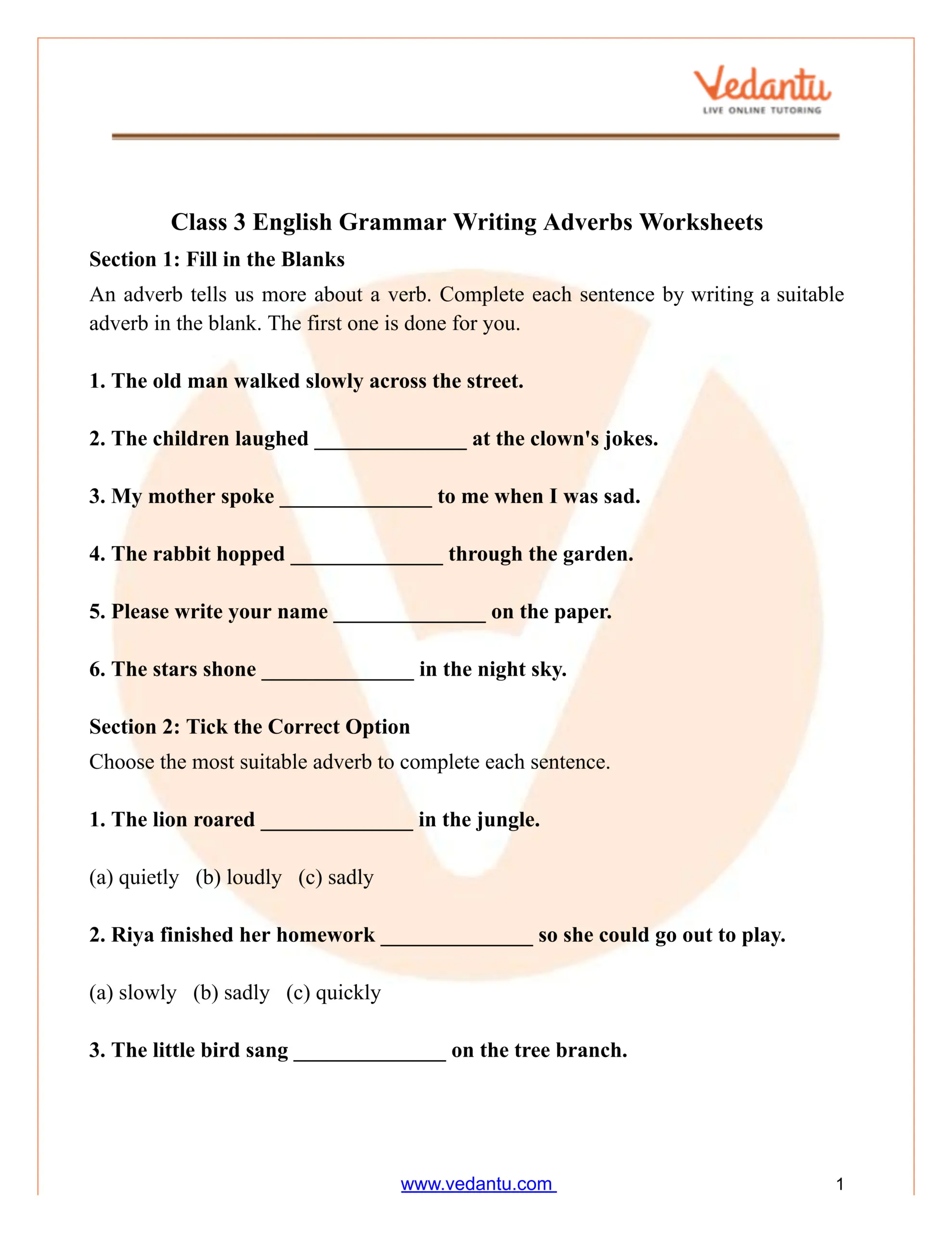 Class 3 English Grammar Adverbs Worksheet With Answers PDF