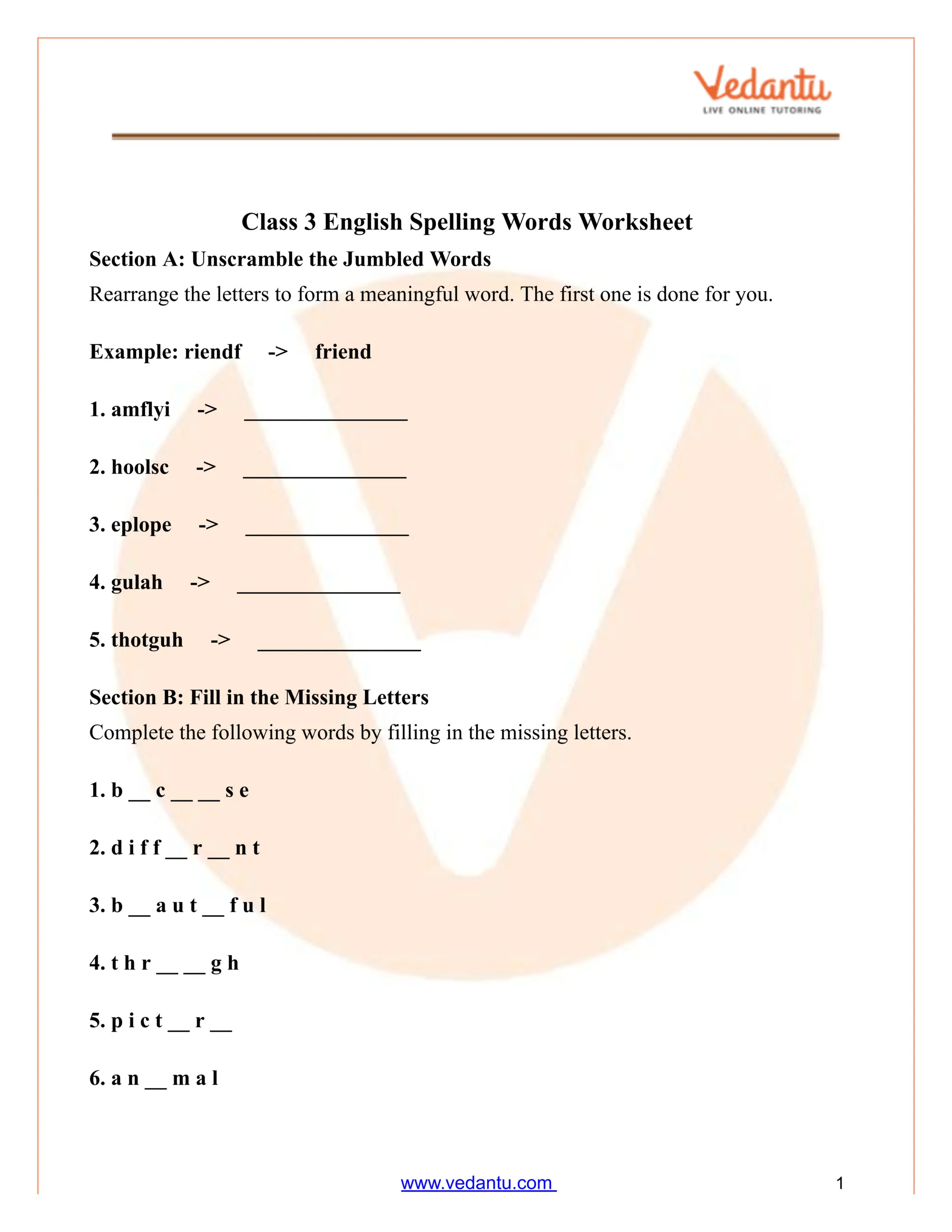 Class 3 Spelling Words Worksheet PDF With Answers