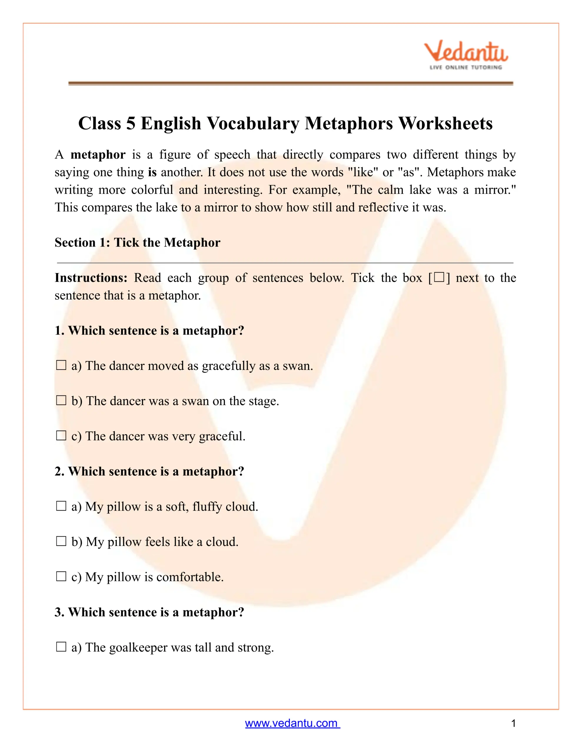 Class 5 Vocabulary Metaphors Worksheet Free Printable PDF