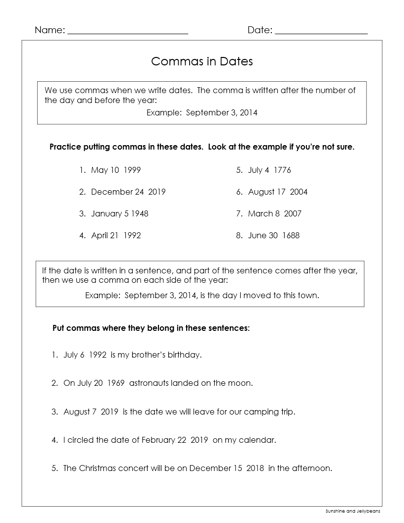 Commas In Dates Places Lists Letters Grades 2 3 4 7 Worksheets Google Drive Made By Teachers