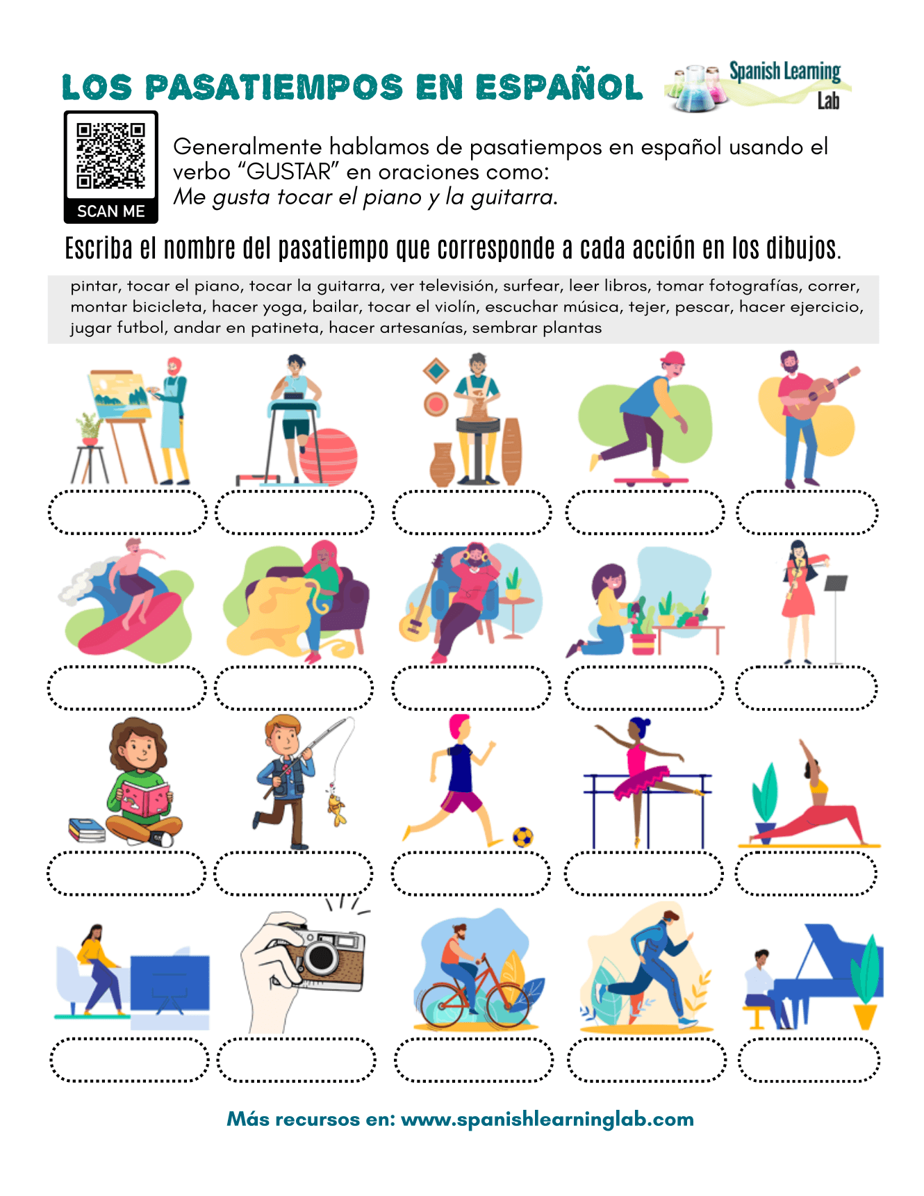 Common Hobbies In Spanish PDF Worksheet Spanish Learning Lab