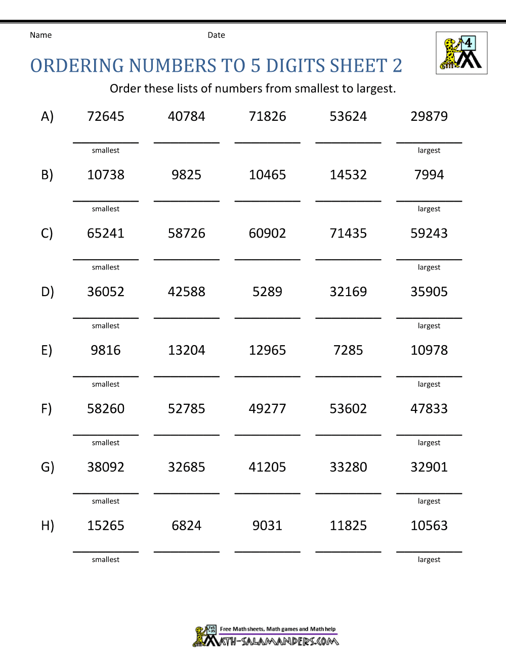 Comparing And Ordering Whole Numbers Worksheets