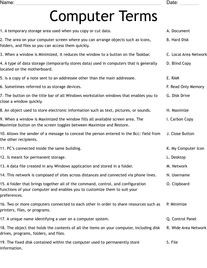 Computer Terms Worksheet WordMint