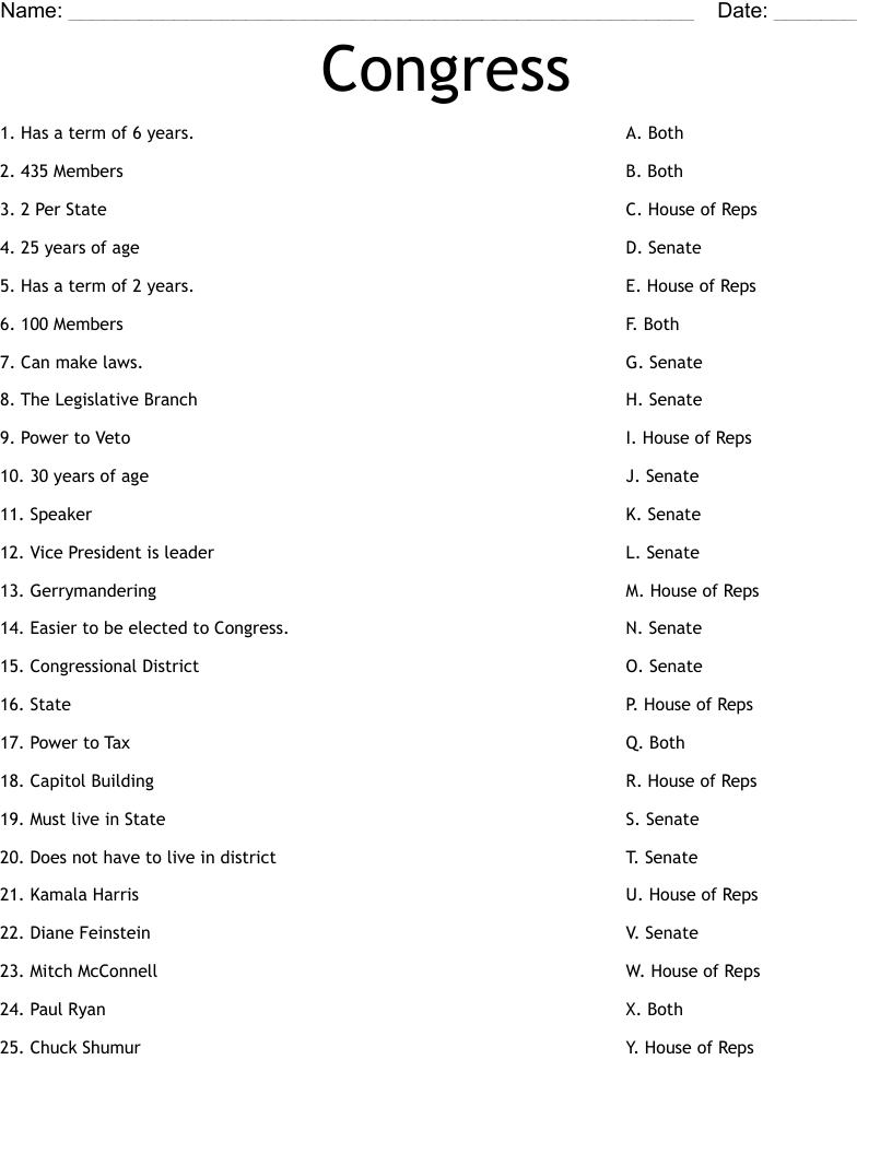 Congress Worksheet WordMint Congress Worksheet WordMint