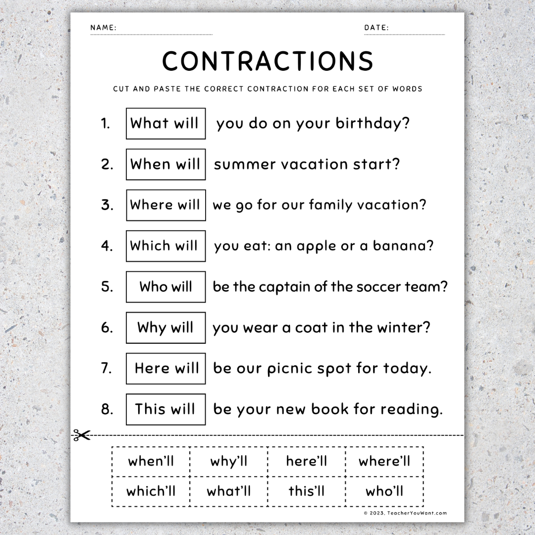 Contractions Sentences Worksheets Cut And Paste Grammar Practice Activity Made By Teachers