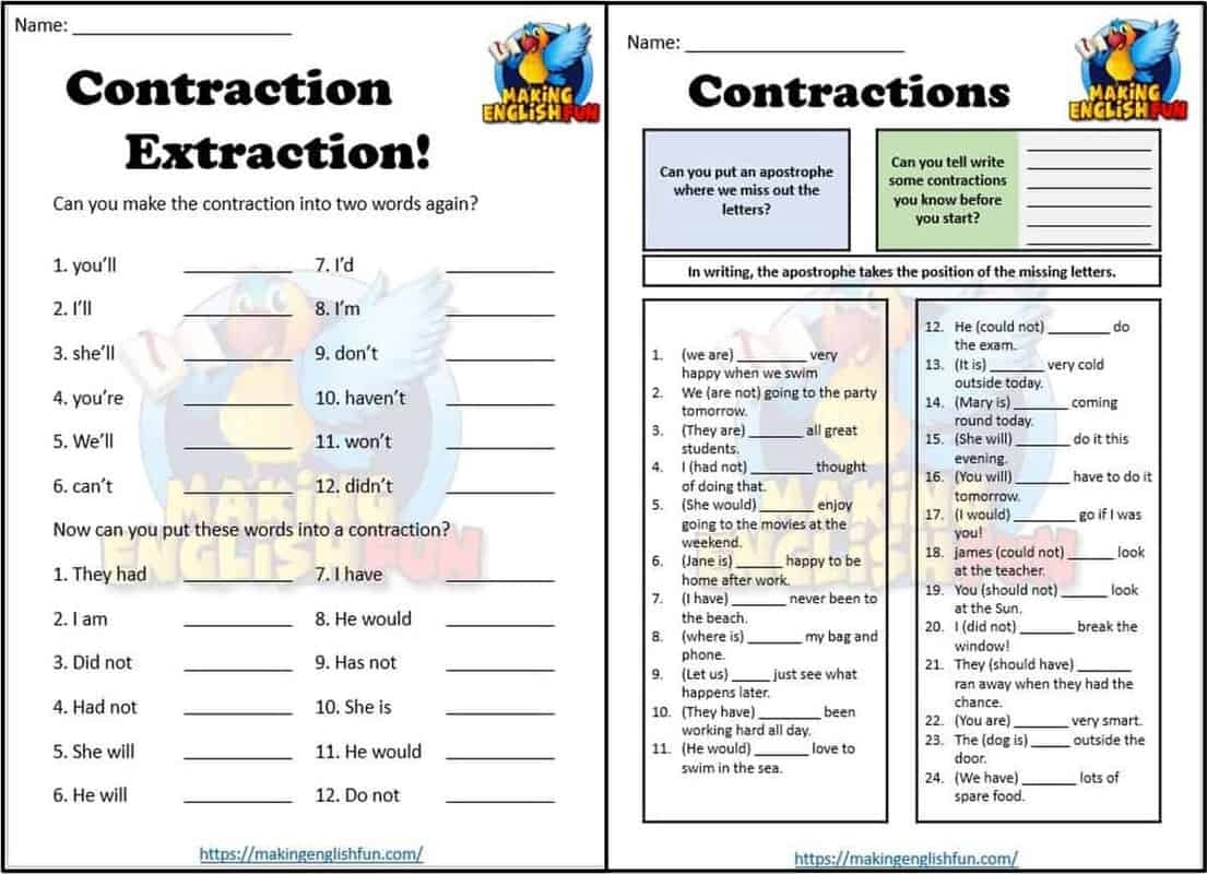 Contractions WorksheetsMaking English Fun Contractions WorksheetsMaking English Fun