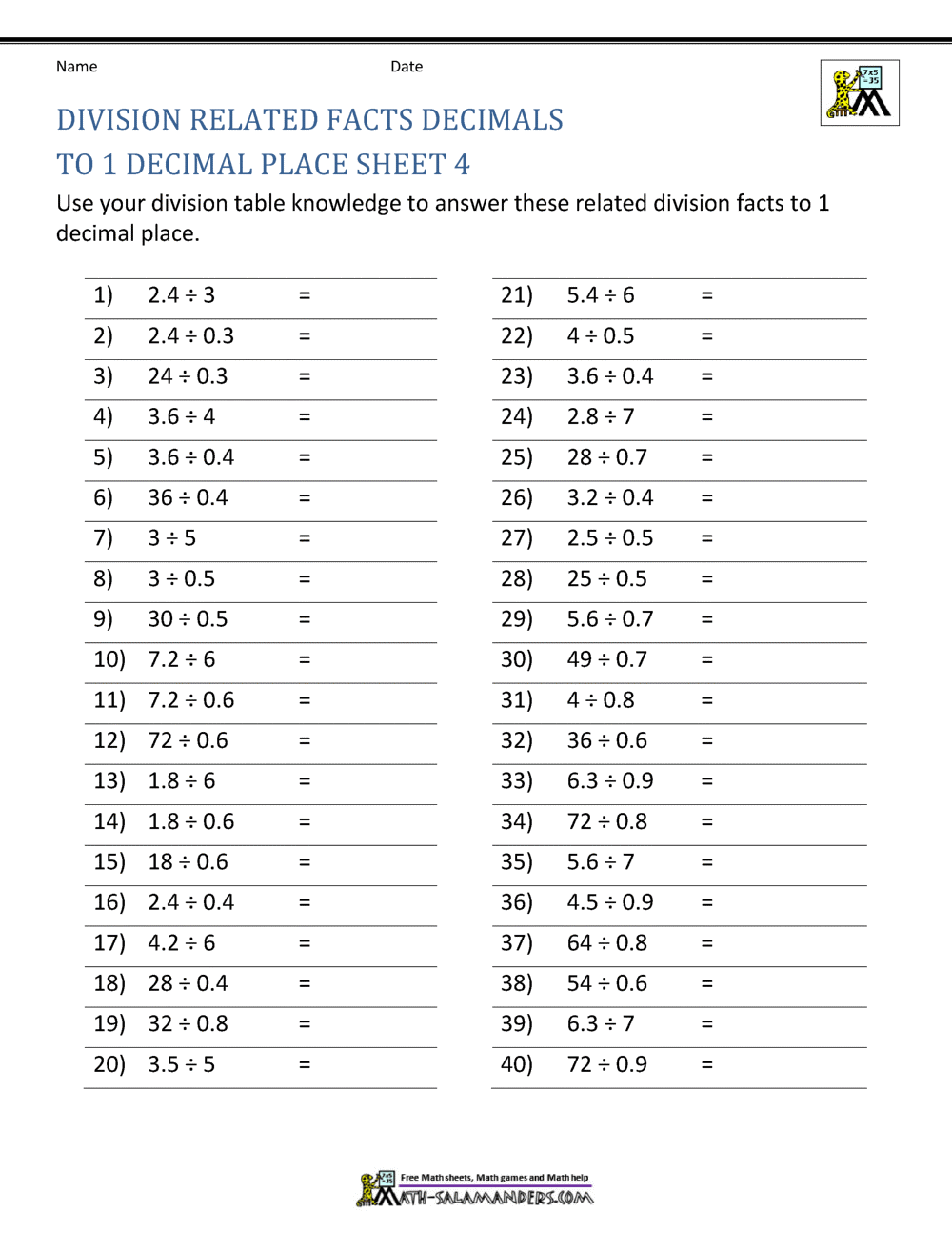 Decimal Division Worksheets Division Of Decimal Numbers Worksheets