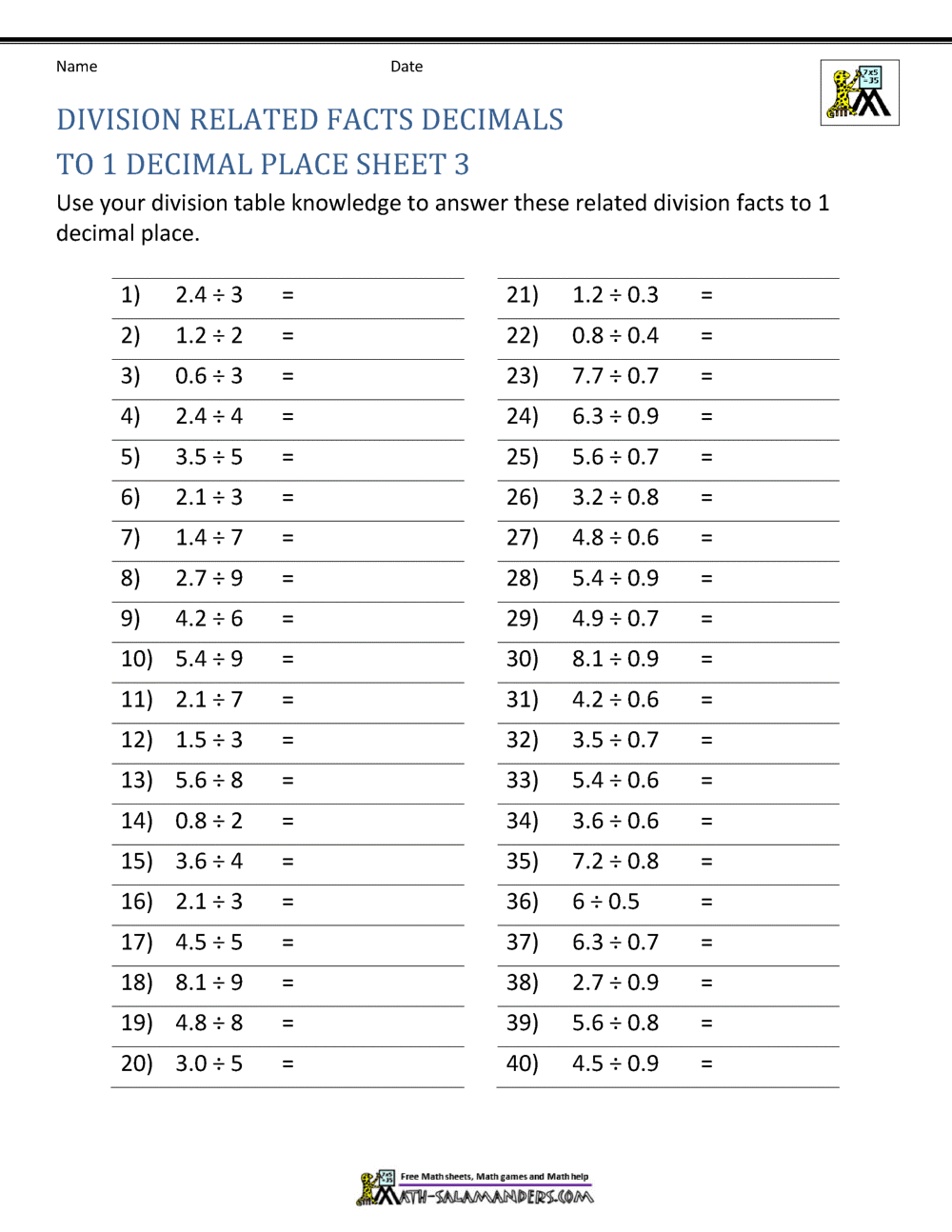 Decimal Division Worksheets Decimal Division Worksheets