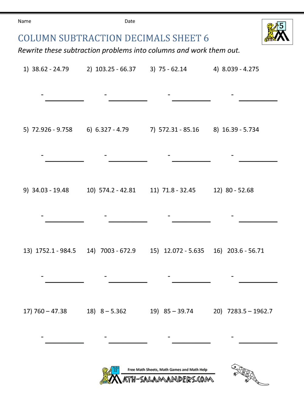 Decimal Subtraction Worksheets