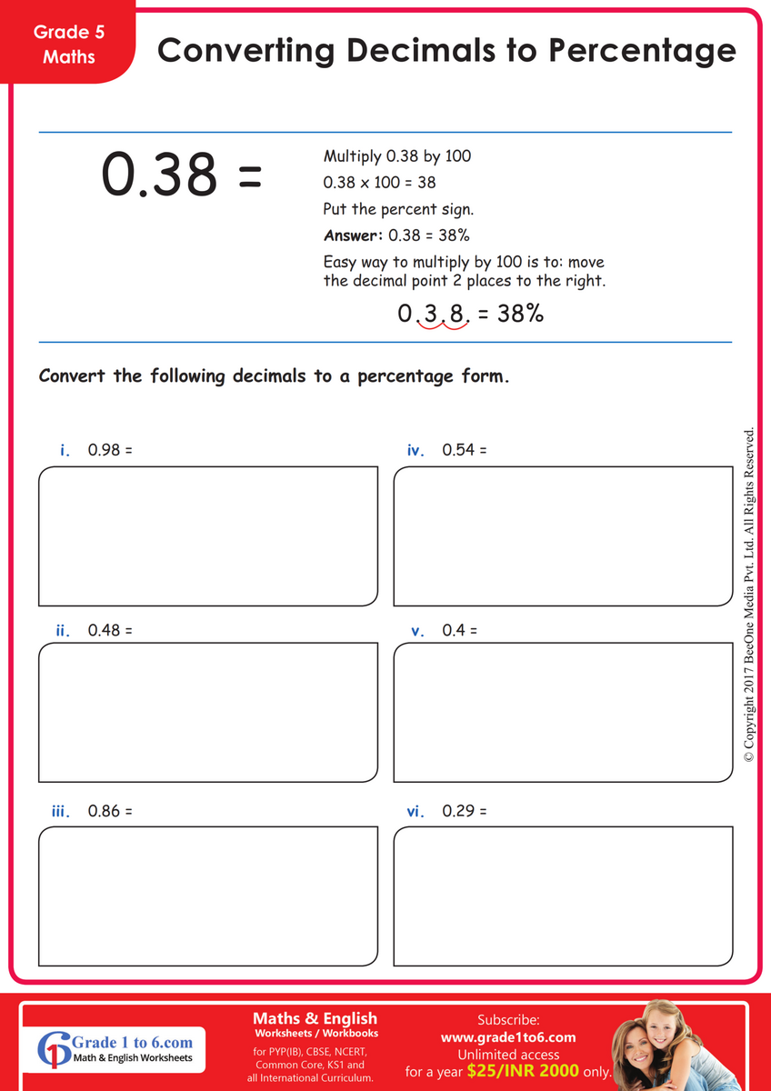 Decimal To Percentage Conversion Worksheet Grade1to6