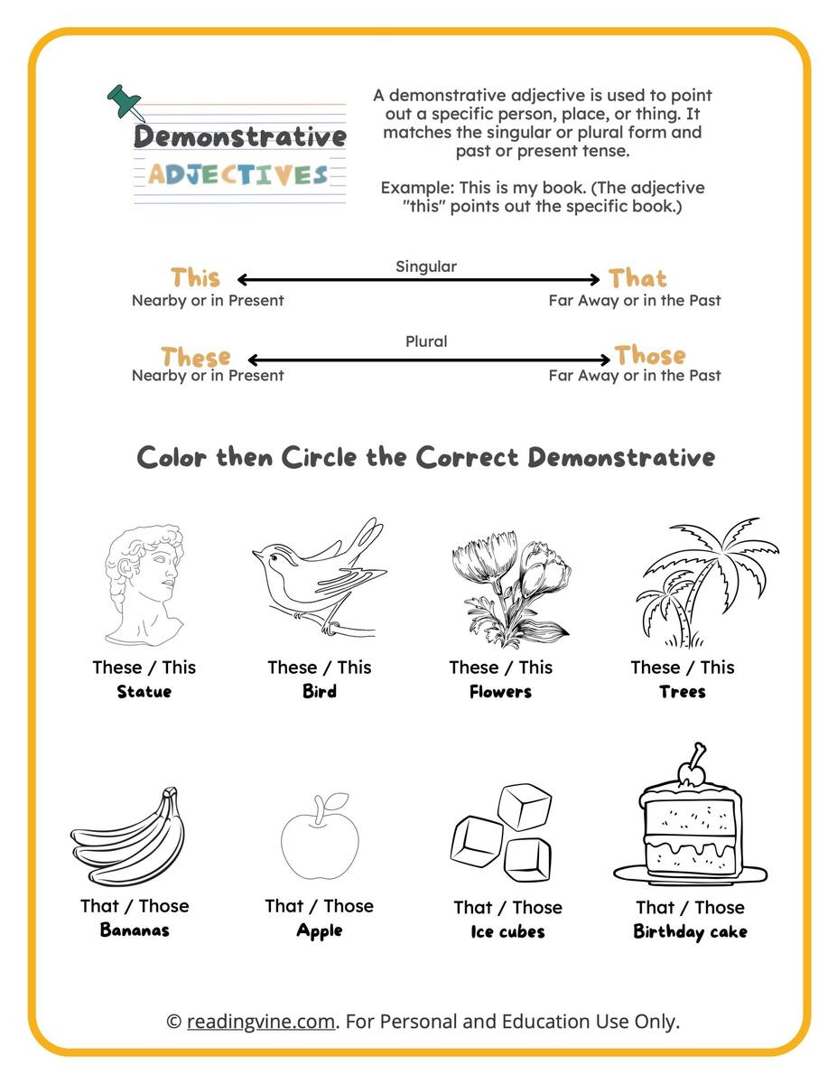 Demonstrative Adjectives Coloring Worksheet ReadingVine