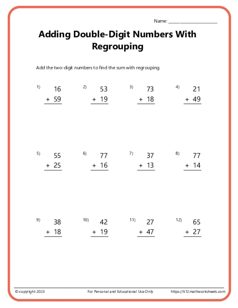 Double Digit Addition With Regrouping Worksheets Double Digit Addition With Regrouping Worksheets
