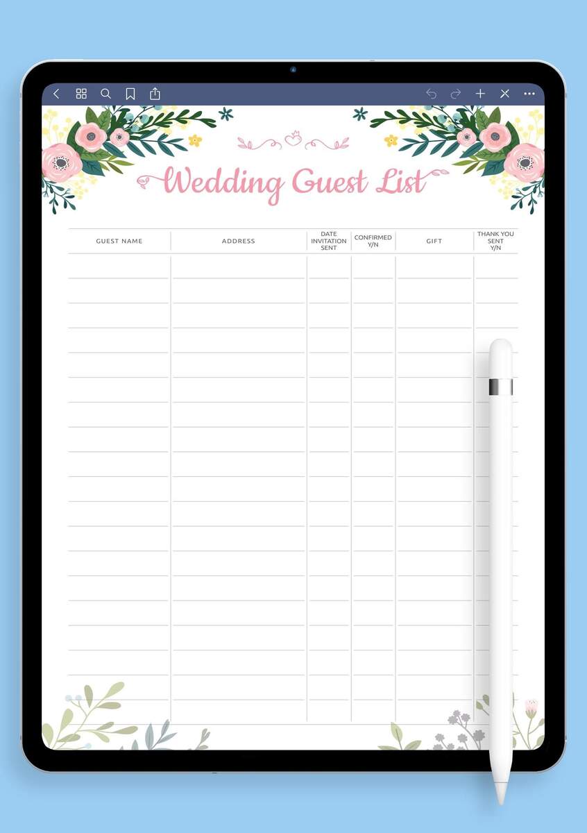 Download Printable Wedding Guest List Template With Floral Pattern PDF