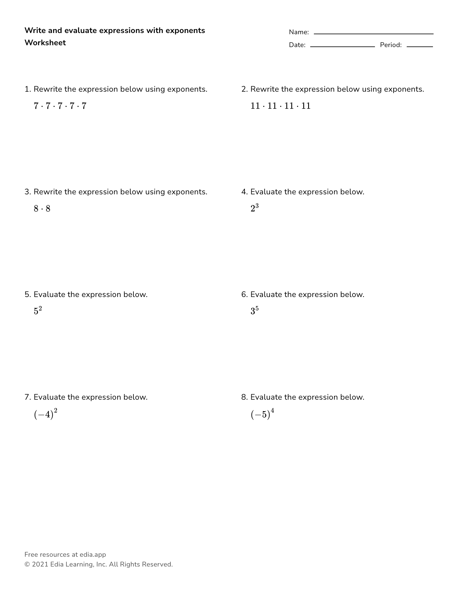 Free Printable Exponents Practice Worksheet