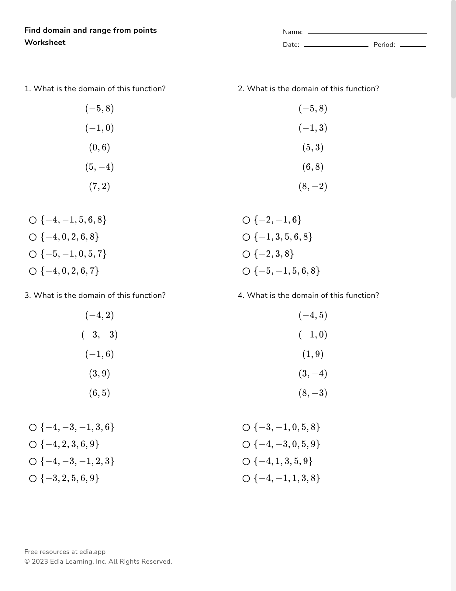Domain And Range Worksheet Practice Finding Domains And Ranges