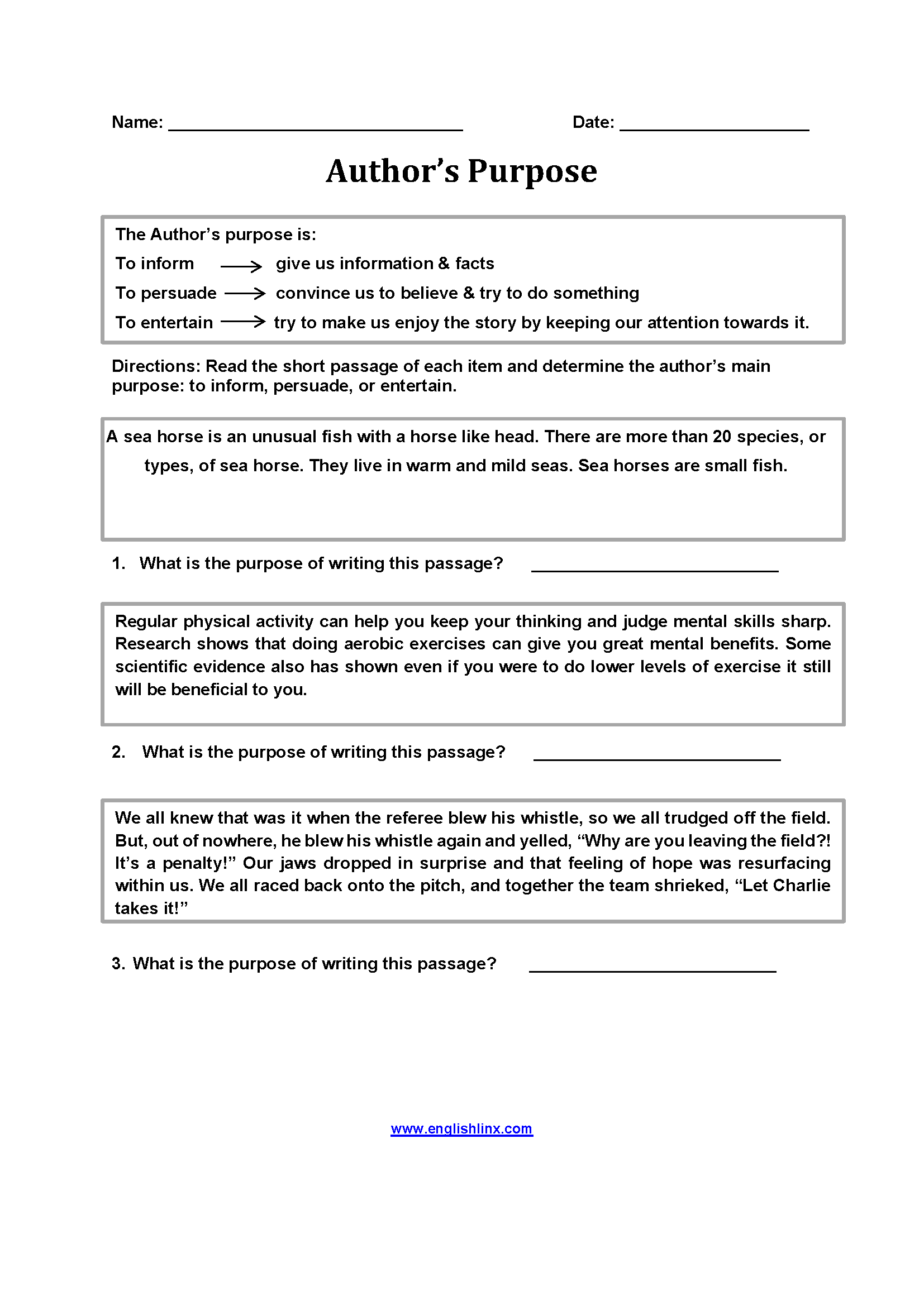 Englishlinx Author S Purpose Worksheets Englishlinx Author S Purpose Worksheets
