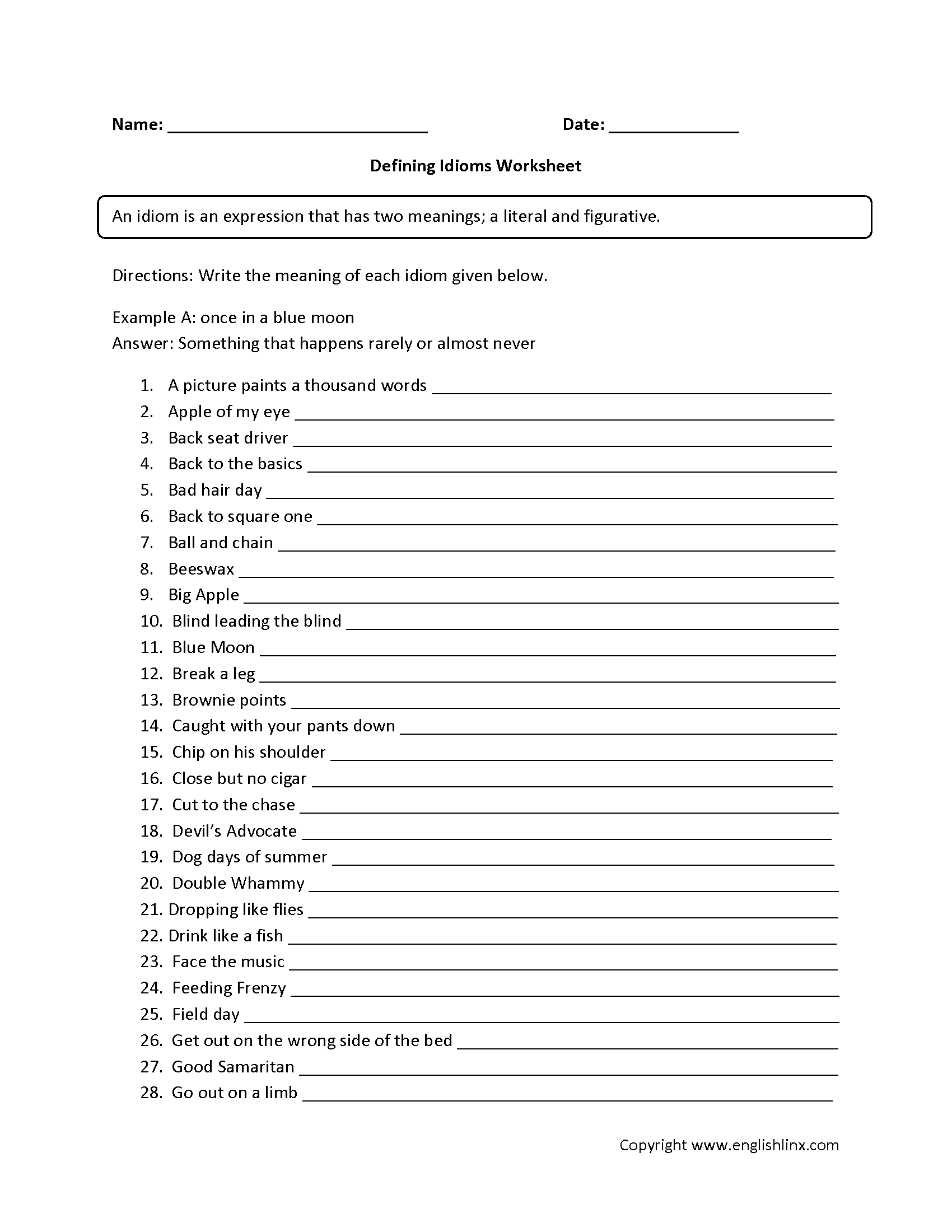 Englishlinx Idioms Worksheets