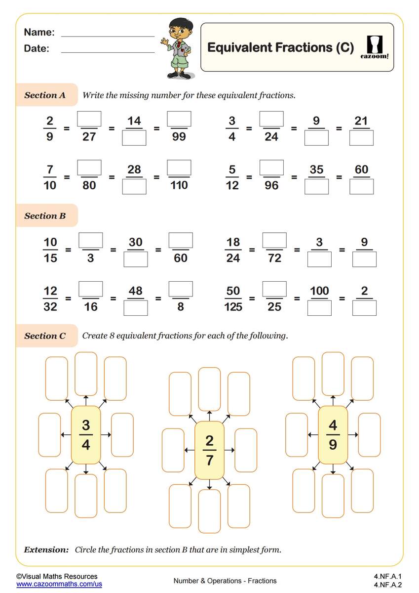 Equivalent Fractions A PDF Printable Number And Operations Worksheets Cazoom Math Equivalent Fractions A PDF Printable Number And Operations Worksheets Cazoom Math