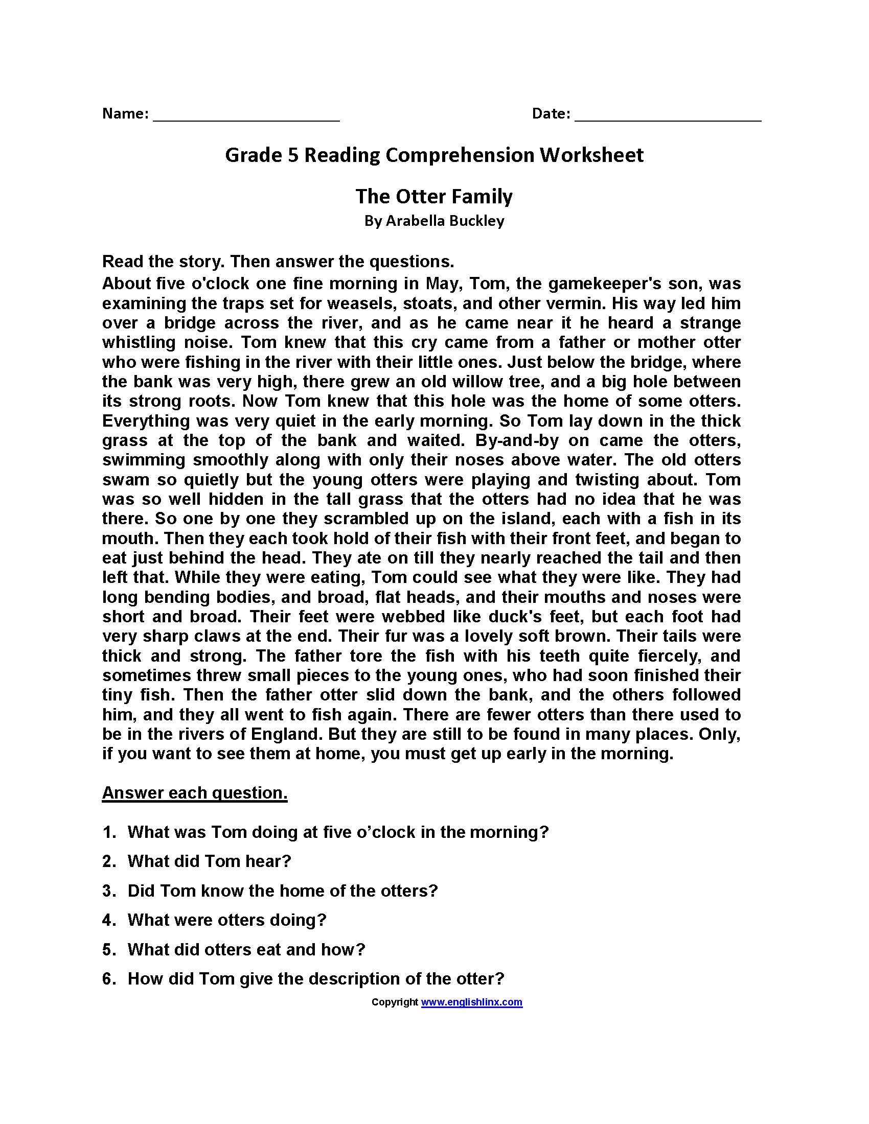 Fifth Grade Reading Worksheets Improve Fluency Vocabulary 5 Printable Reading Comprehension English Worksheets Ages 4 7 KG1 To Grade 2 Etsy