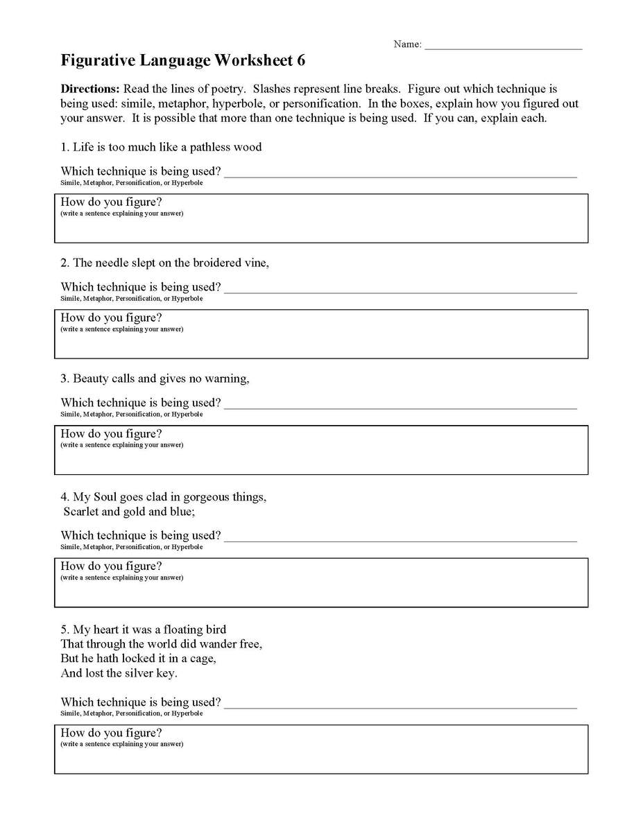 Figurative Language Worksheet 6 Reading Activity Free Printable Figurative Language Tests And Worksheets