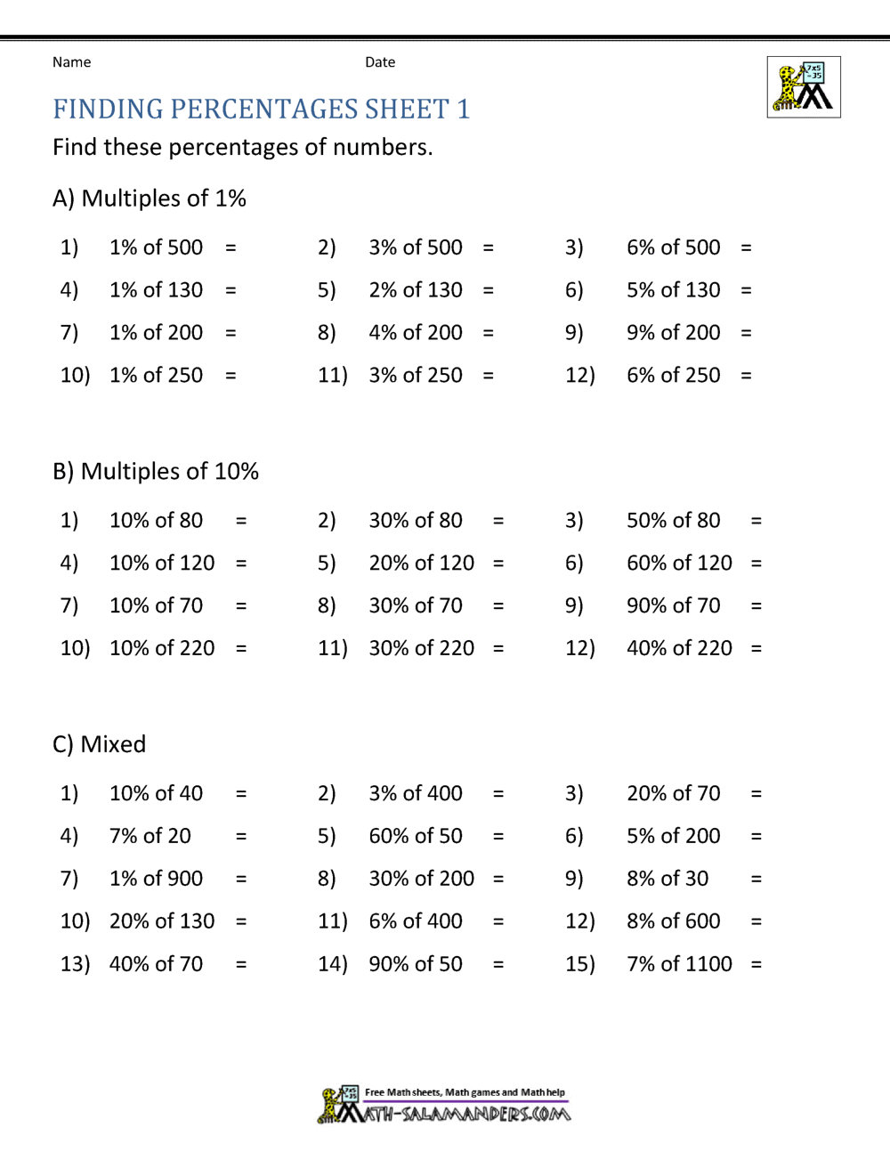 Finding Percentage Worksheets