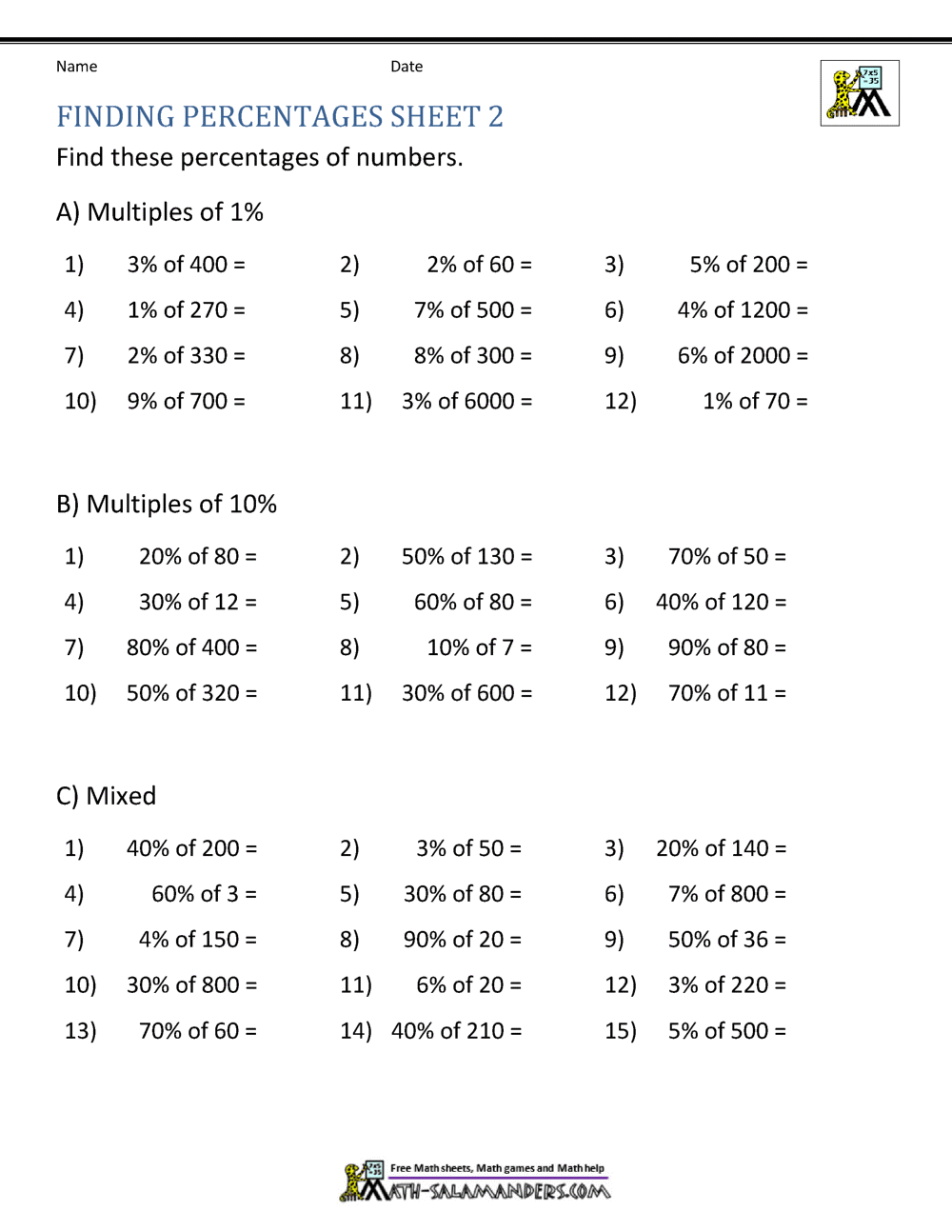 Finding Percentage Worksheets