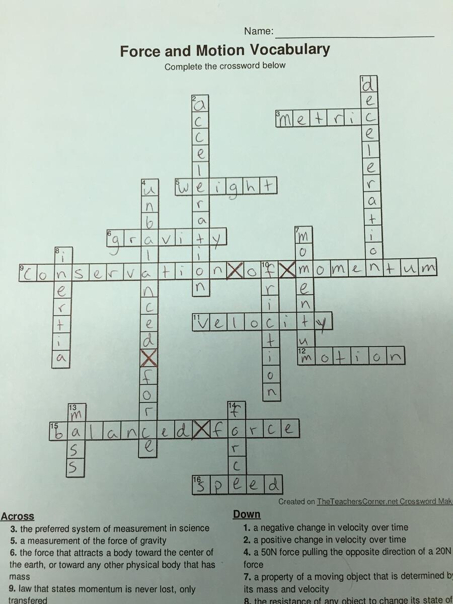 Force And Motion Crossword Key Highview Science Force And Motion Crossword Key Highview Science
