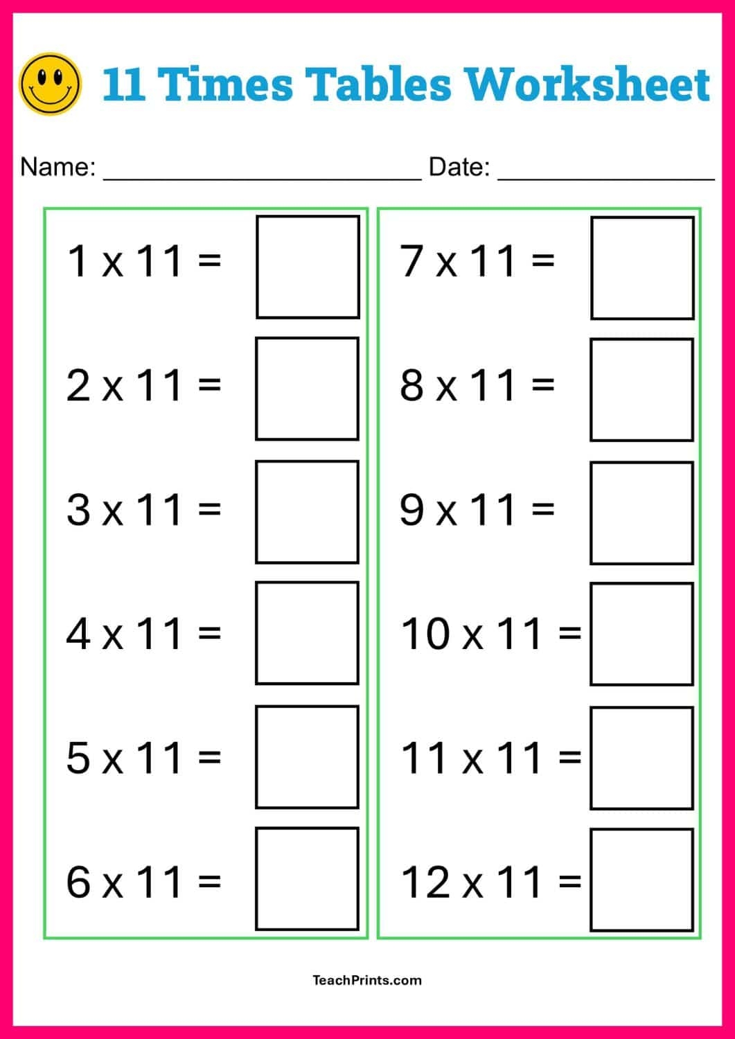 Free 11 Times Tables Worksheets 8 Versions Teach Prints Math Drills Worksheets