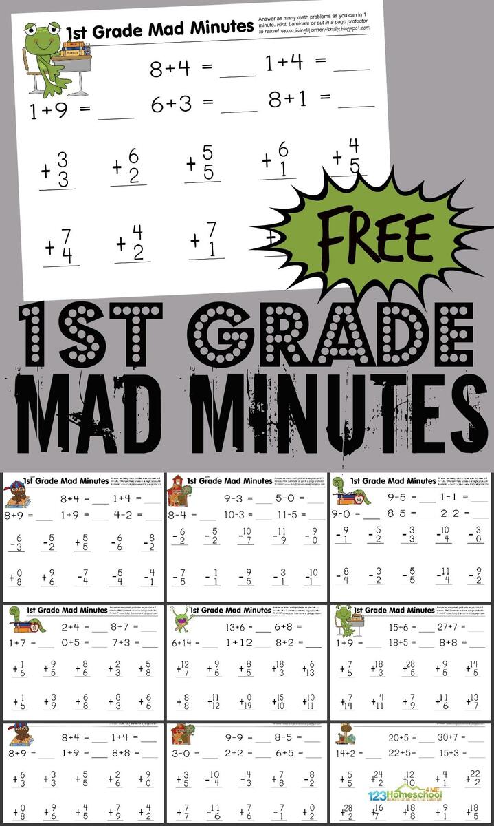FREE 1st Grade Printable Math Worksheets First Grade Mad Minutes Addition Drills Superstar Worksheets