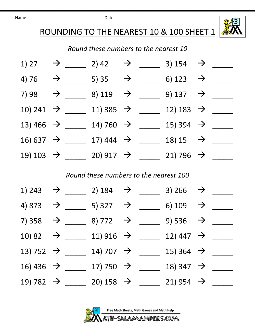 Free 3rd Grade Rounding Worksheets