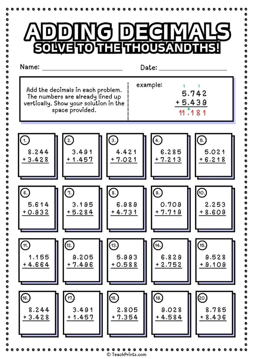 Free Adding Decimals Worksheets Teach Prints Decimal Addition Worksheets 5th Grade