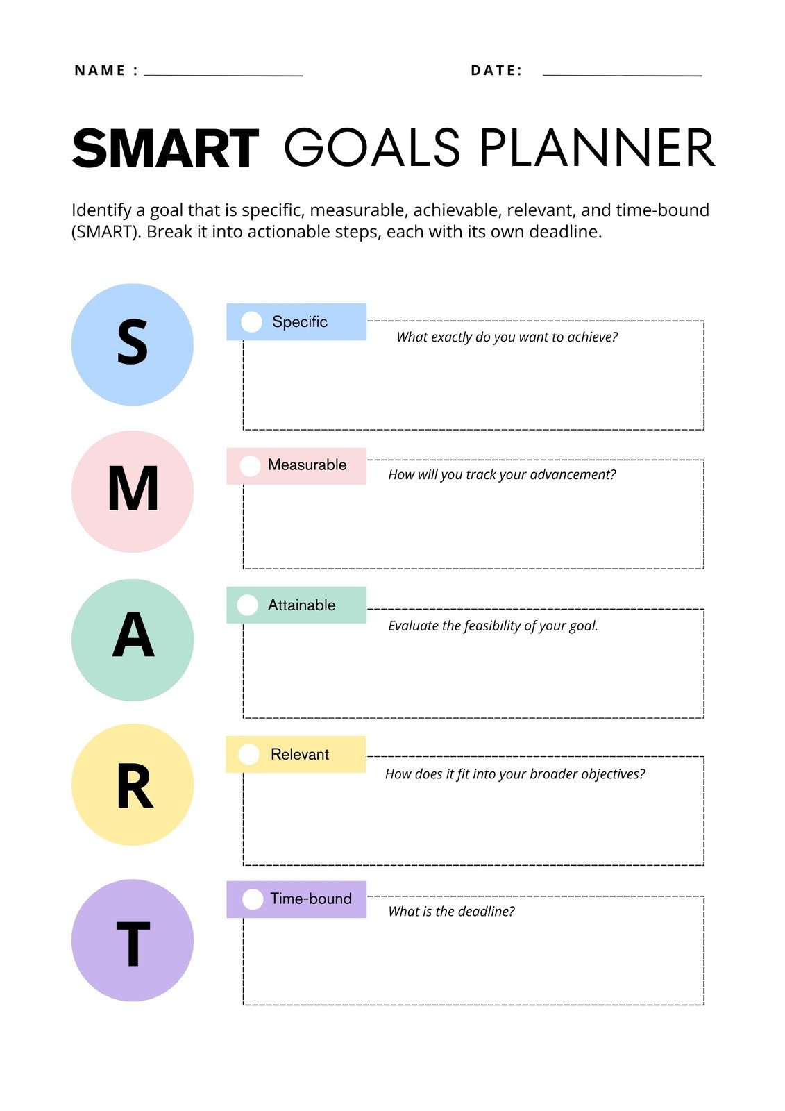 Free And Customizable Goals Templates SMART Goals Worksheet Template