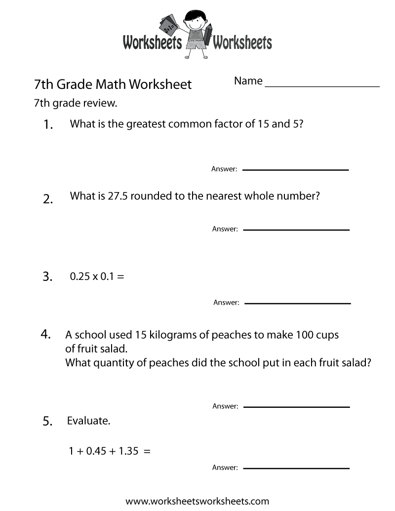 Free Printable 7th Grade Math Review Worksheet FREE Jr High And High School Worksheets