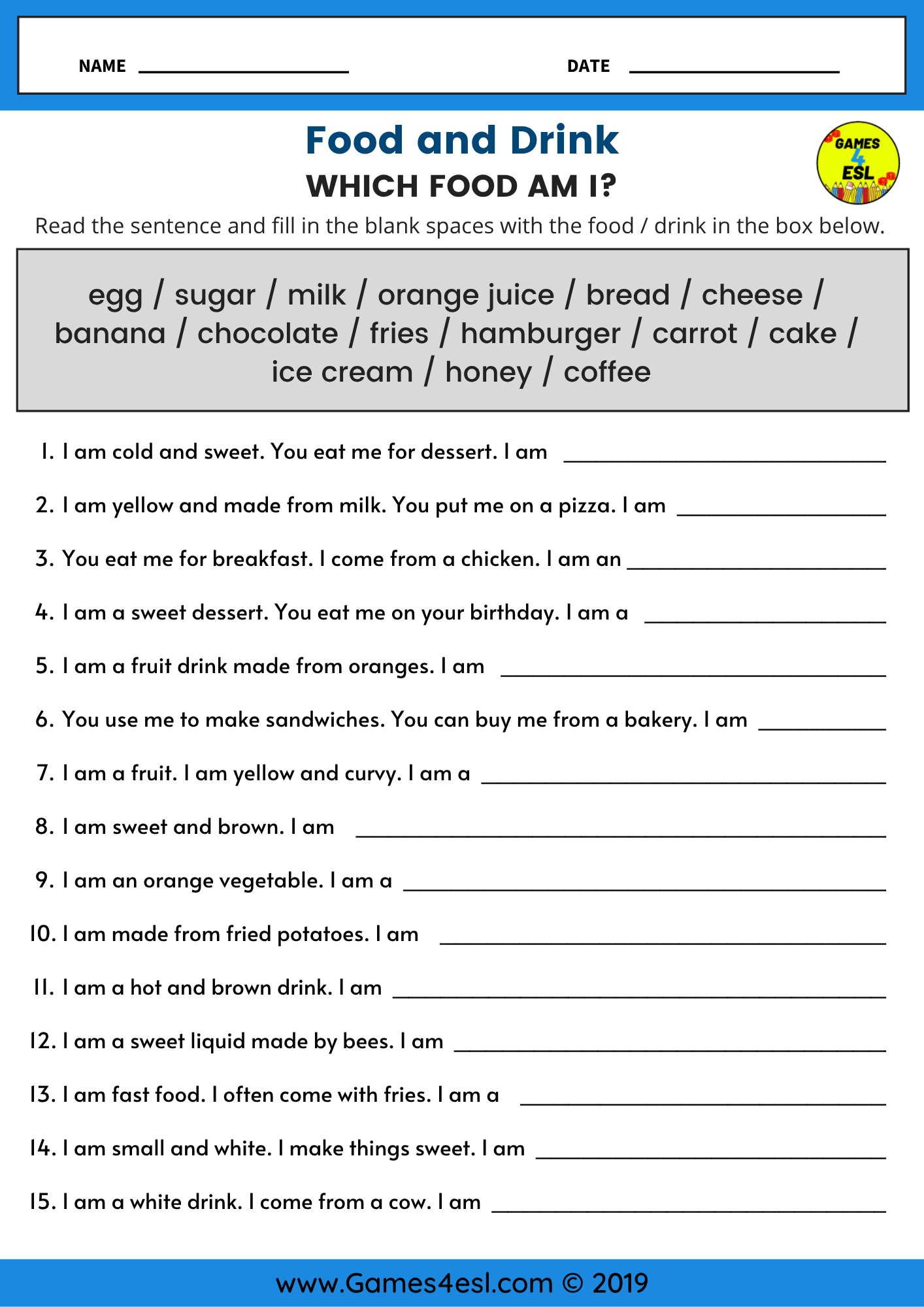Free Printable Food Worksheets For Beginners Games4esl