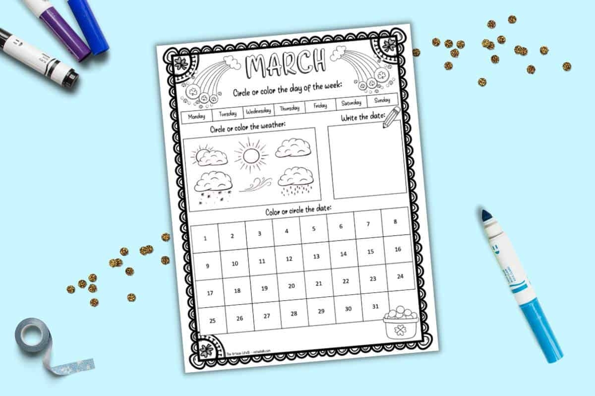 Free Printable March Calendar Worksheet For Kids The Artisan Life FREE Printable March Coloring Pages For Preschoolers