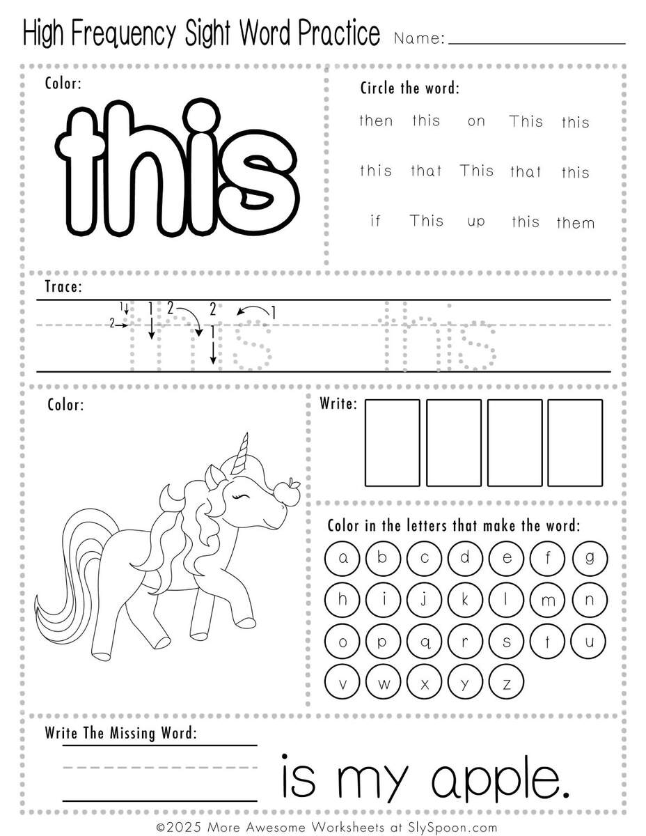 Free Printable This Sight Word Worksheets For Kindergarten First Grade Sly Spoon