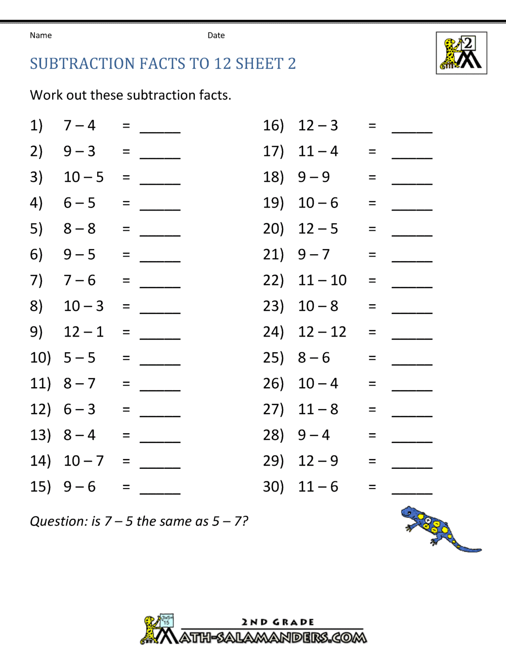 Free Subtraction Worksheets To 12 Free Subtraction Worksheets To 12
