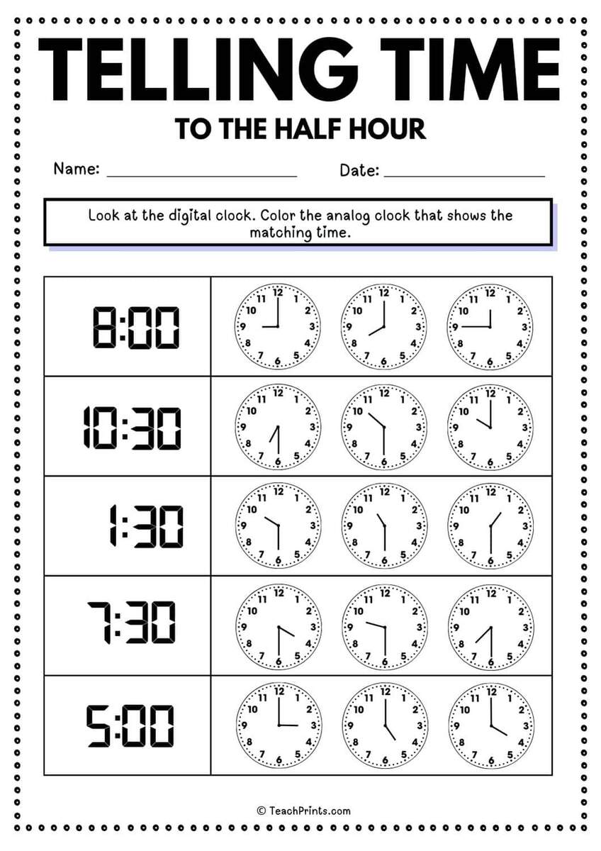 Free Telling Time To The Half Hour Worksheets Teach Prints Telling Time Half Past The Hour Worksheets For 1st And 2nd Graders
