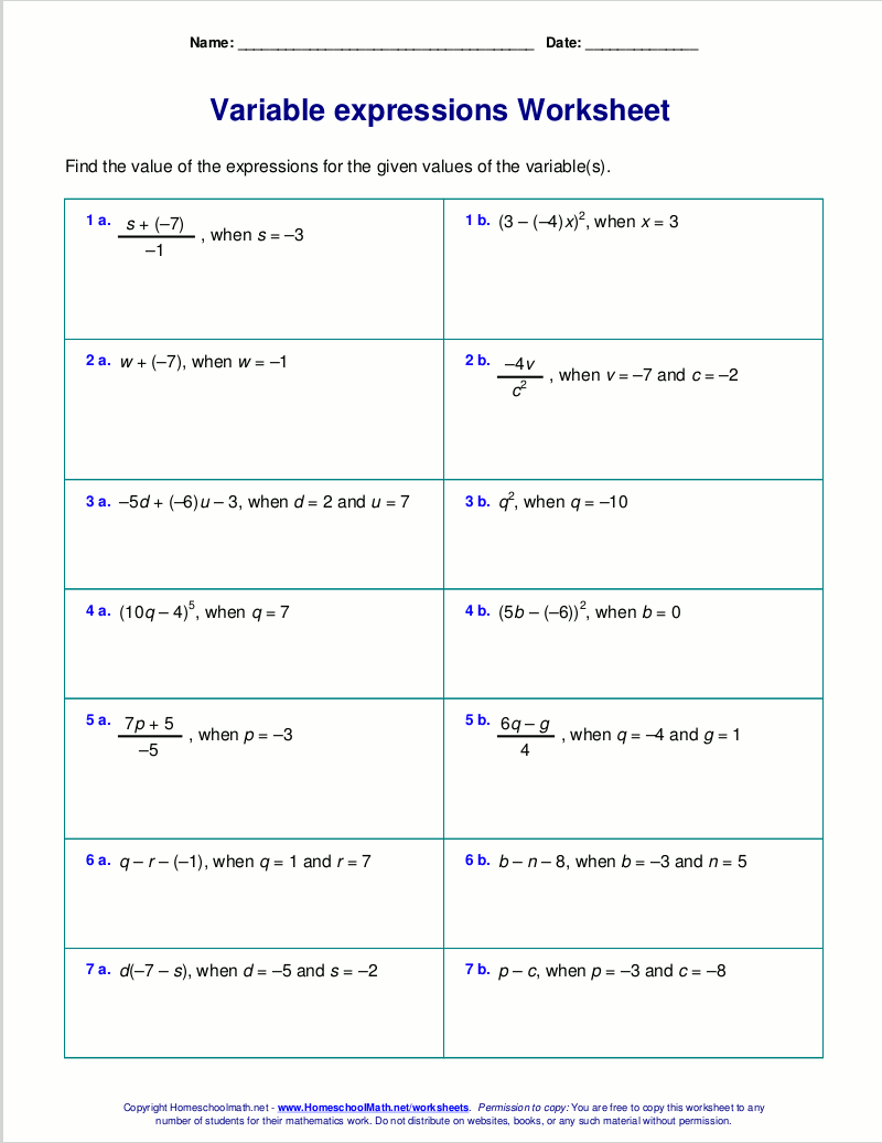 Free Worksheets For Evaluating Expressions With Variables Grades 6 8 Pre Algebra And Algebra 1 Algebraic Expressions With Two Variables 4 Operations Worksheet For Grade 5 Kidpid