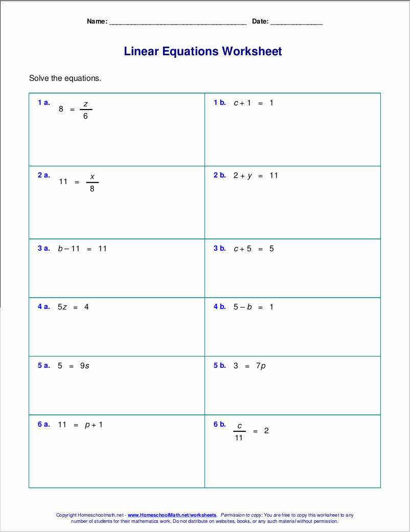 Free Worksheets For Linear Equations Grades 6 9 Pre Algebra Algebra 1
