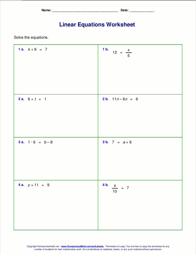 Free Worksheets For Linear Equations grades 6 9 Pre algebra Algebra 1