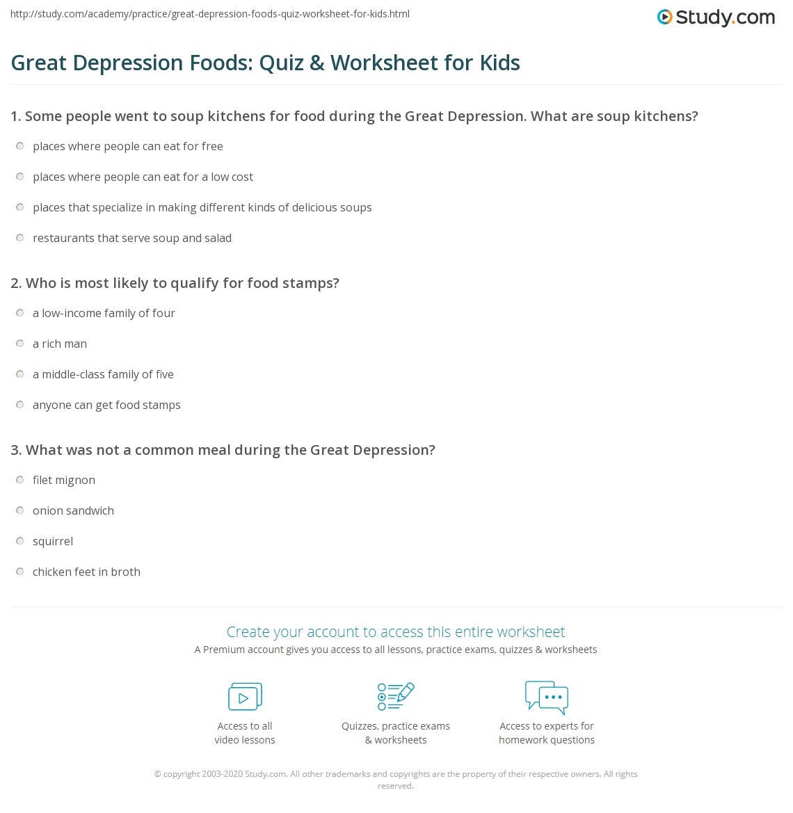 Great Depression Foods Quiz Worksheet For Kids Study Great Depression Coloring Book Level B Made By Teachers