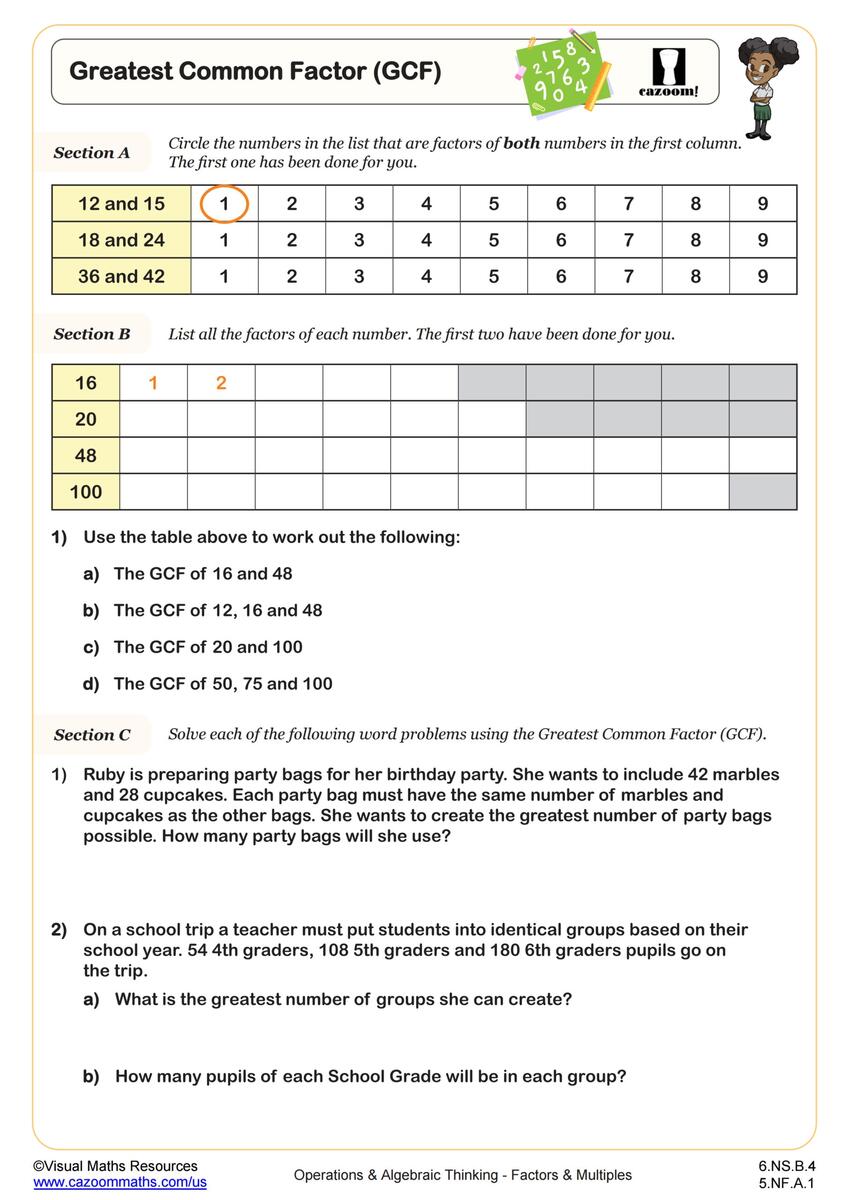 Greatest Common Factor GCF Worksheet PDF Printable Operations Worksheets Library Greatest Common Factor GCF Worksheet PDF Printable Operations Worksheets Library