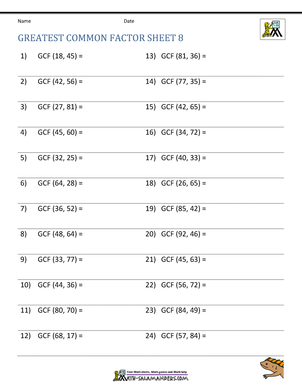Greatest Common Factor GCF Color By Number Classful