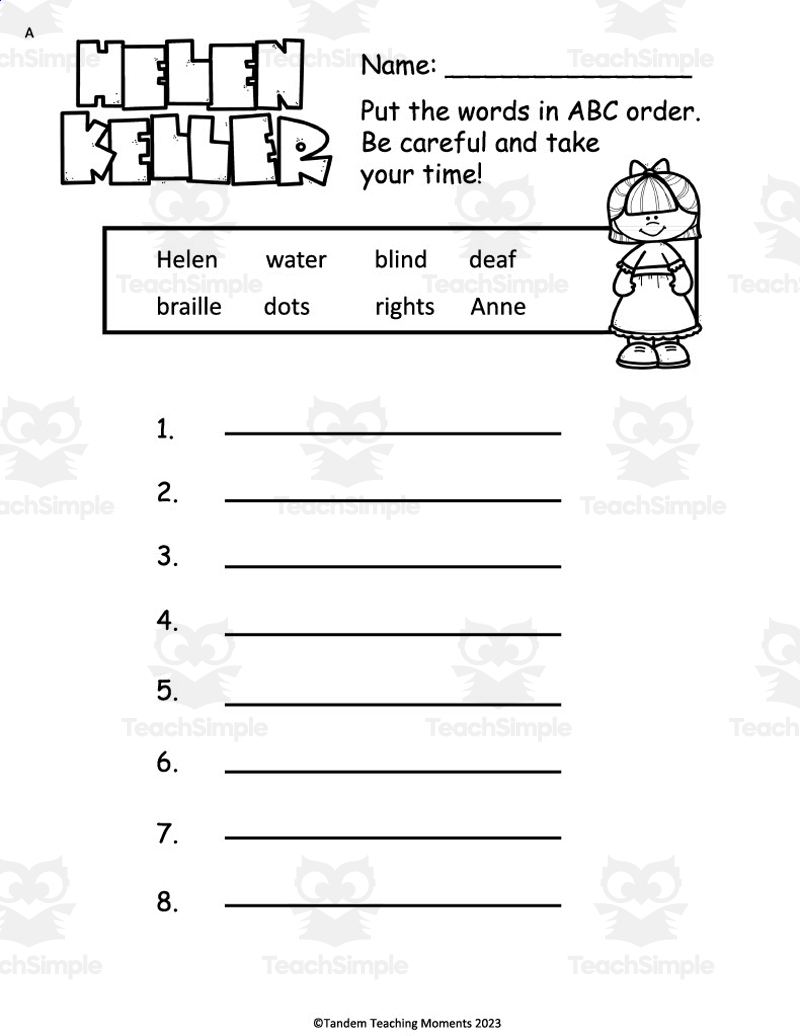 Helen Keller Worksheet Packet By Teach Simple