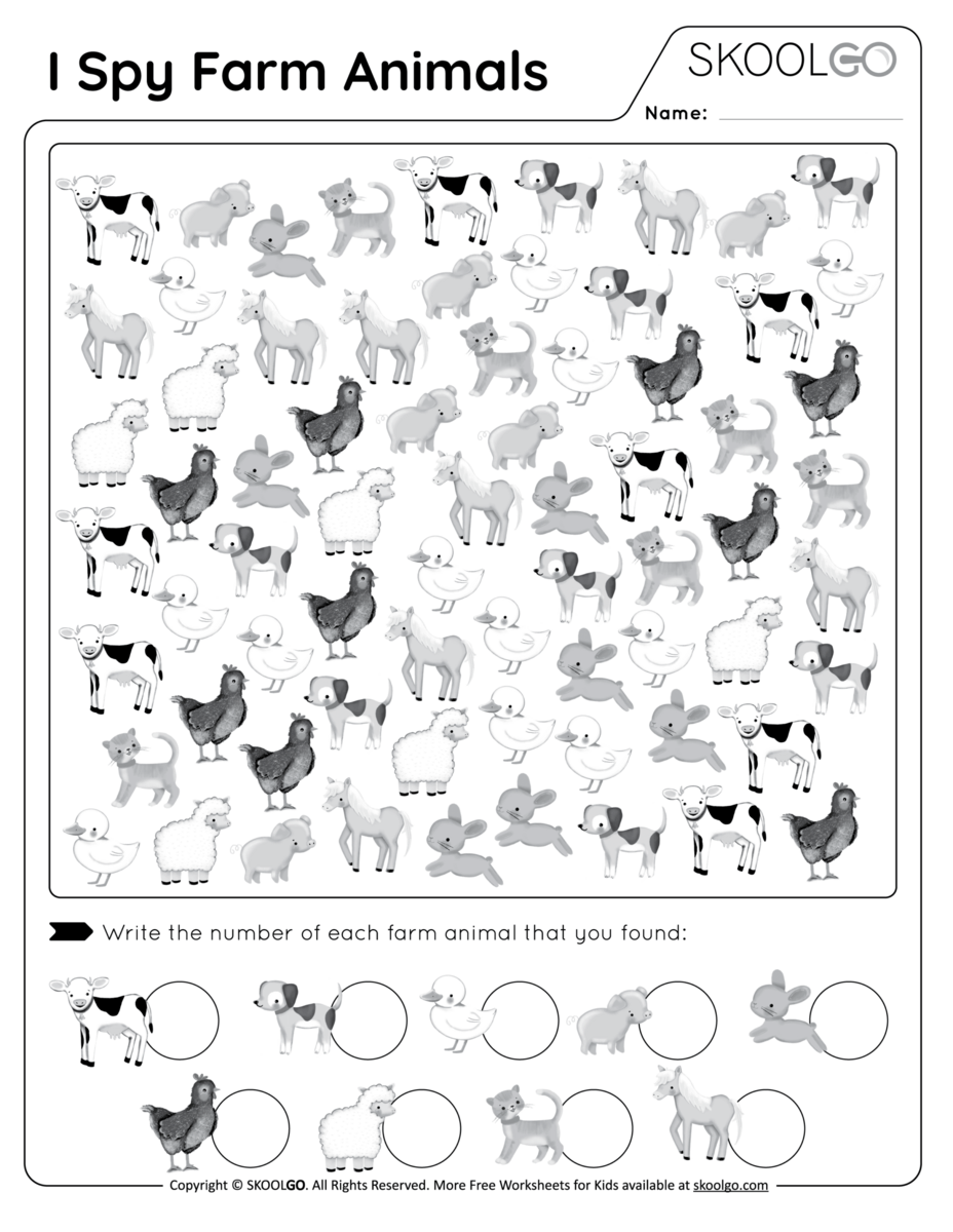 I Spy Farm Animals Free Worksheet SKOOLGO The Animals On The Farm Worksheet How Many 1 Super Simple