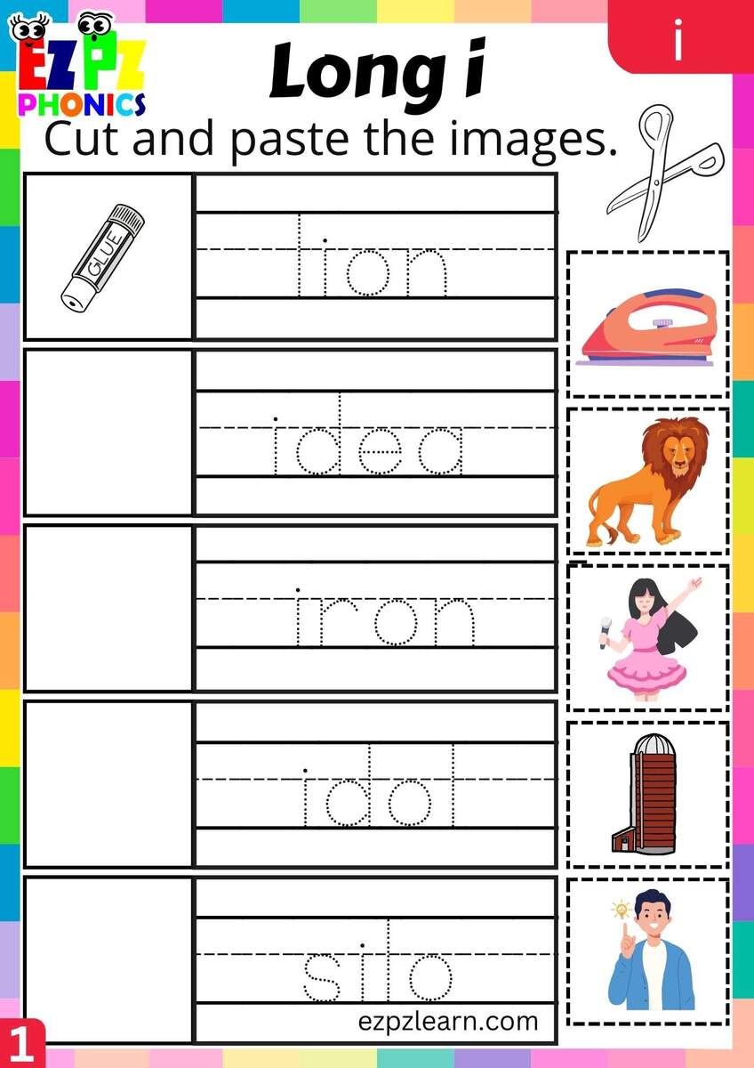 I Words Cut And Paste The Images Long I Phonics Worksheet Ezpzphonics 173 Long I Vowel Sound Words Free Printable List Literacy Learn
