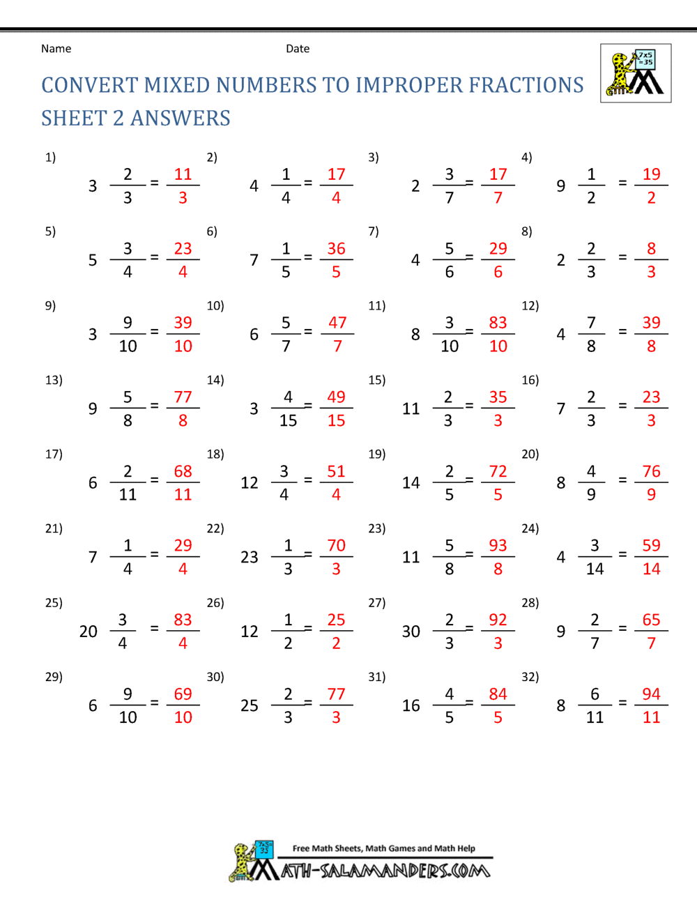 Improper Fraction Worksheets Improper Fraction Worksheets