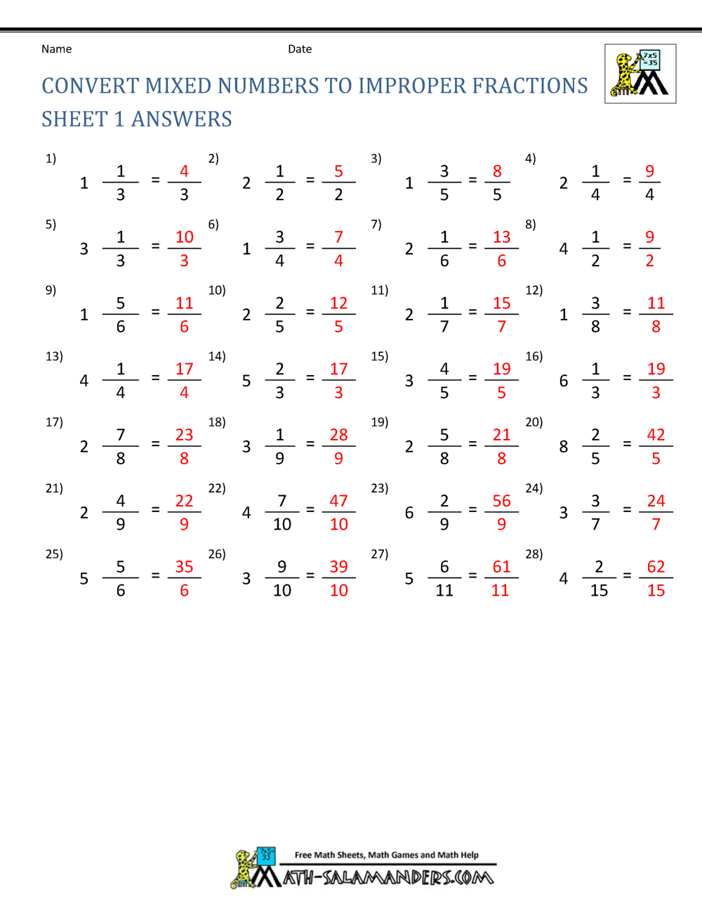 Improper Fraction Worksheets Improper Fraction Worksheets